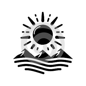 Sunrise black icon. Sunrise or sunset icon on mountains background.