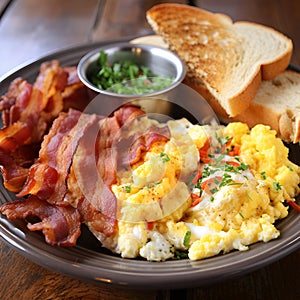 Sunrise Bliss: Scrambled Eggs, Crispy Bacon, and Golden Toast Medley