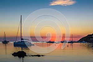 Sunrise and boats at the harbor of Collioure in France