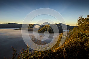 Sunrise in Bromo Mountain with foggy land