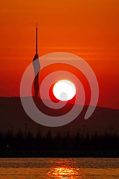 Sunrise and camlica tower silhouette in istanbul