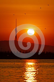 Sunrise and camlica tower silhouette in istanbul