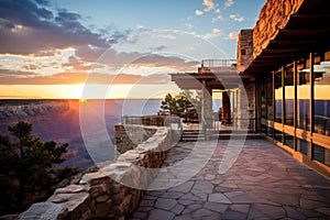 Sunrise at canyon observation point with modern architecture