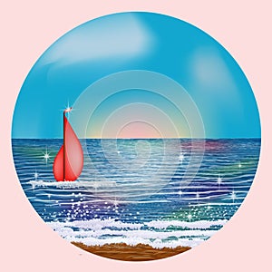 Sunrise card with scarlet sails , vector
