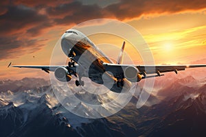 Sunrise Cargo Plane Flying over Mountain Range. AI