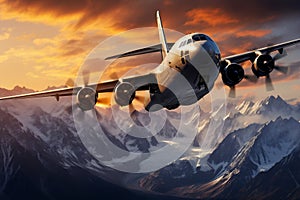 Sunrise Cargo Plane Flying over Mountain Range. AI