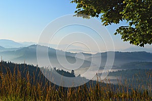 Sunrise in Carpathian mountains. Silhouettes of mountain peaks and morning fog in the background. Grass in the foreground