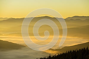 Sunrise of the Carpathian mountains in the summer. Ukraine