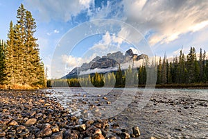 Sunrise on Castle mountain and bow river at Banff national park
