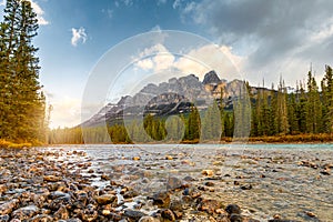 Sunrise on Castle mountain and bow river at Banff national park