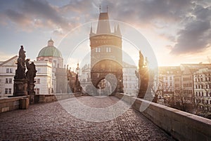 Sunrise on Charles Bridge in Prague, Czech Republic