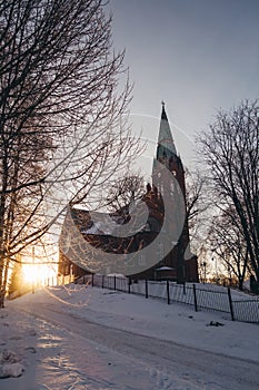 Sunrise at the church of Forssa on a winter morning, Forssa Finland