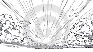 Dramatic Sunrise Rays Through Clouds, Black and White Sketch Style