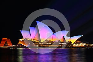 Sunrise colours on the Sydney Opera House, Vivid 2016