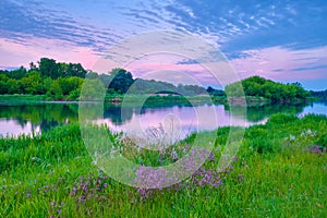 sunrise countryside river flowers sky clouds landscape sunshine