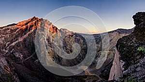 Sunrise on the crater rim of Bali`s Mount Agung volcano before eruption