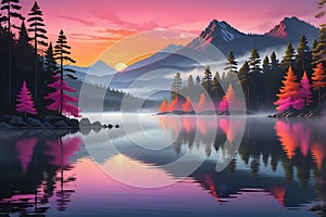 Sunrise Cresting Over a Tranquil Mountain Lake, Vibrant Hues of Pink and Orange Reflecting on the Ripples