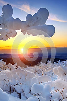 Sunrise on Deogyusan mountains covered with snow in winter.