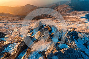 Sunrise on Deogyusan mountains covered with snow in winter,South Korea