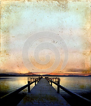 Sunrise on Dock Grunge Background