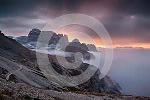 Sunrise at Dolomites, near Tre Cime di Lavaredo, Italy