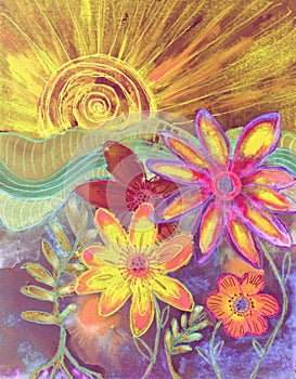 Sunrise with doodled landscape and flowers.