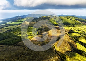 Sunrise from drone viewpoint Boca do Inferno, Hiking Panorama, Vulcanic Lake in the Background, Sao Miguel Island, Azores, photo