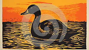 Sunrise Duck: A Woodcut-inspired Lino Print Of A Calarts Duck Swimming photo