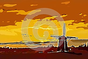 Sunrise on the Dutch windmill illustration