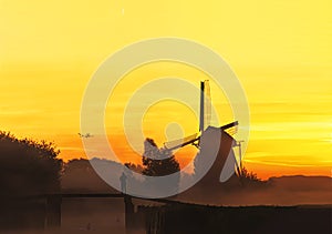Východ slunce na holandský větrný mlýn prostor 