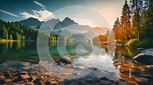 Sunrise on Eibsee lake in Bavaria, Germany