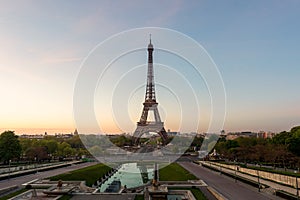 Sunrise in Eiffel Tower in Paris, France. Eiffel Tower is famous