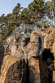 Sunrise famous Hopewell Rocks geologigal formations at low tide biggest tidal wave Fundy Bay New Brunswick Canada