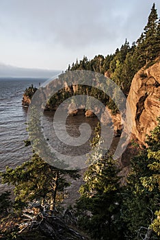 Sunrise famous Hopewell Rocks geologigal formations at low tide biggest tidal wave Fundy Bay New Brunswick Canada