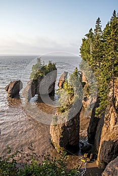 Sunrise famous Hopewell Rocks geologigal formations at low tide biggest tidal wave Fundy Bay New Brunswick Canada