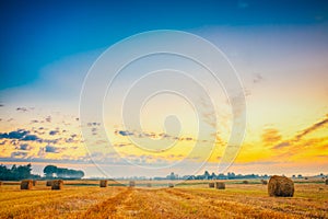 Sunrise Field, Hay Bale In Belarus