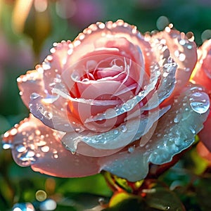 Sunrise.Field of roses. Close up of beautiful creamy pink rose petals with dew drops in bright sunlight.