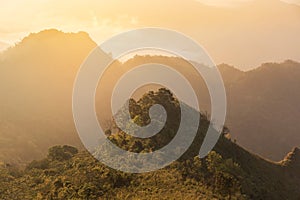 Sunrise with fog in early morning on Phu Chi Dao or Phu Chee Dao mountain at Chiang Rai, Thailand