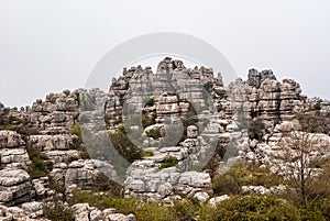 Sunrise with fog in El Torcal de Antequera, Malaga, Spain.