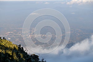 Sunrise and fog over the city of Sa Pa, Vietnam