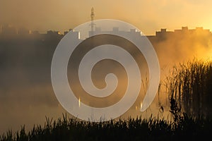 Sunrise on a foggy lake. The morning city in a haze in the background. Mirror surface of water