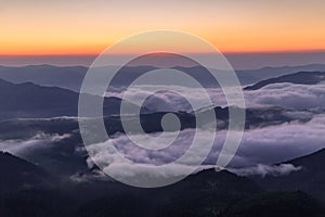 Sunrise on the foggy morning. Landscape with high mountains. Touristic place. Natural scenery. Location Carpathian, Ukraine,