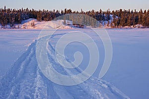 Sunrise at Frame Lake with Winter Sports Tracks in Yellowknife, Canada