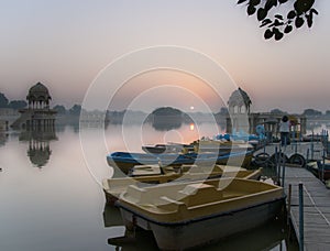 Sunrise at Gadi Sagar lake in Jaisalmer, Rajasthan, India