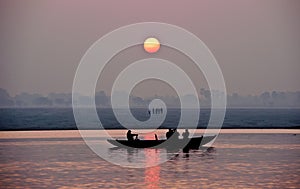 Sunrise on the Ganges river in Varanasi India