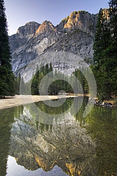 Sunrise on Glacier Point from the Merced river. Yosemite National Park, California, USA