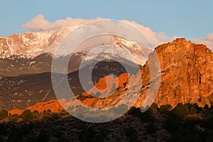 Sunrise glow on Pikes Peak and Garden of the Gods