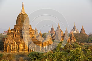 Sunrise glow on the temples of Bagan