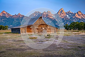 Sunrise at Grand Tetons and the T.A. Mouton Barn, Wyoming