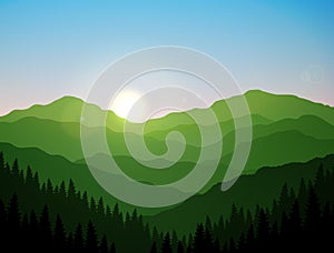 Sunrise Green Mountains And Hills Vector Art